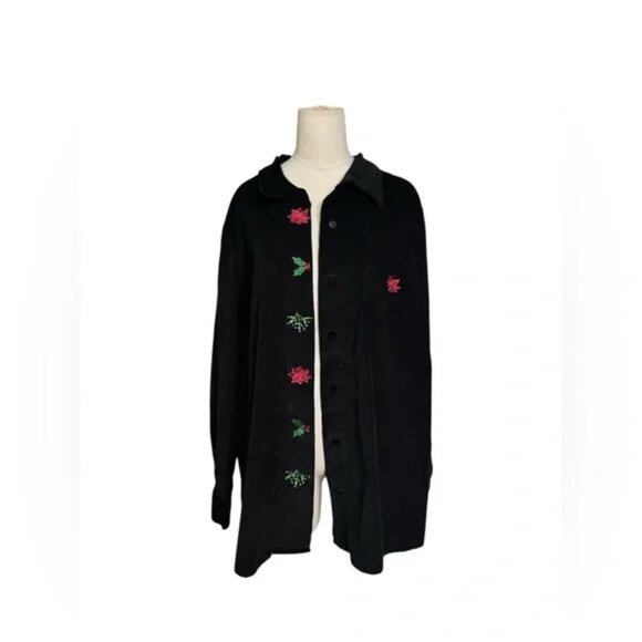 Quacker Factory Black Corduroy Holiday Shirt – Poinsettia & Holly Embroidered 1X - Picture 6 of 8